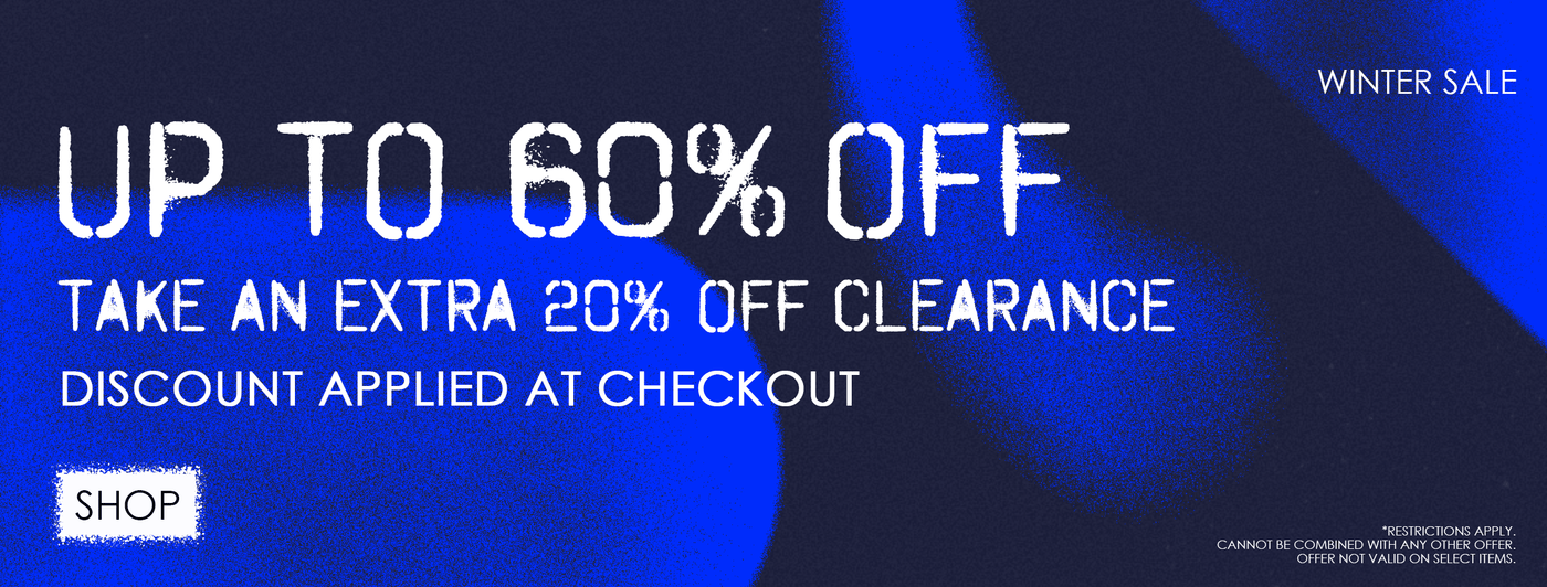 Wide Winter Sale banner featuring bold text 'Up to 60% Off, Take an Extra 20% Off Clearance.' Discount applied at checkout. Includes a blue abstract background with white text, a 'Shop' button, and small text noting restrictions at the bottom.