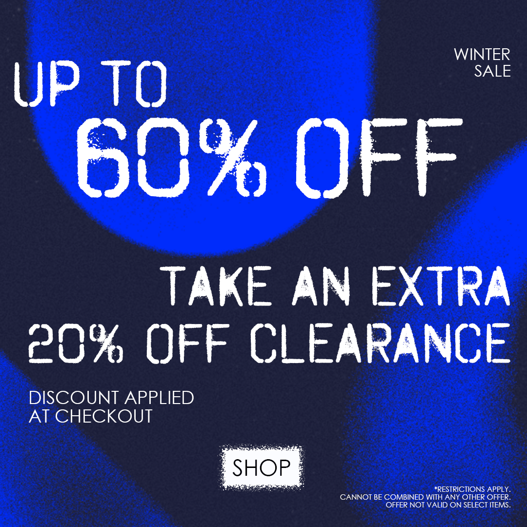 Winter Sale banner with bold text reading 'Up to 60% Off, Take an Extra 20% Off Clearance.' Discount applied at checkout. Includes a blue abstract background with white text and a 'Shop' button at the bottom.